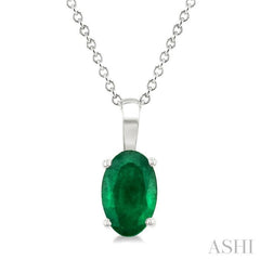 6X4 MM Oval Shape Emerald Precious Solitaire Pendant With Chain in 14K White Gold