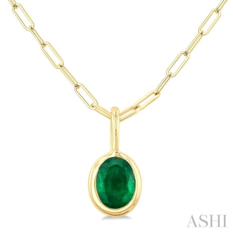 6x4 MM Bezel Set Oval Cut Emerald Precious Fashion Pendant With Paperclip Chain in 10K Yellow Gold