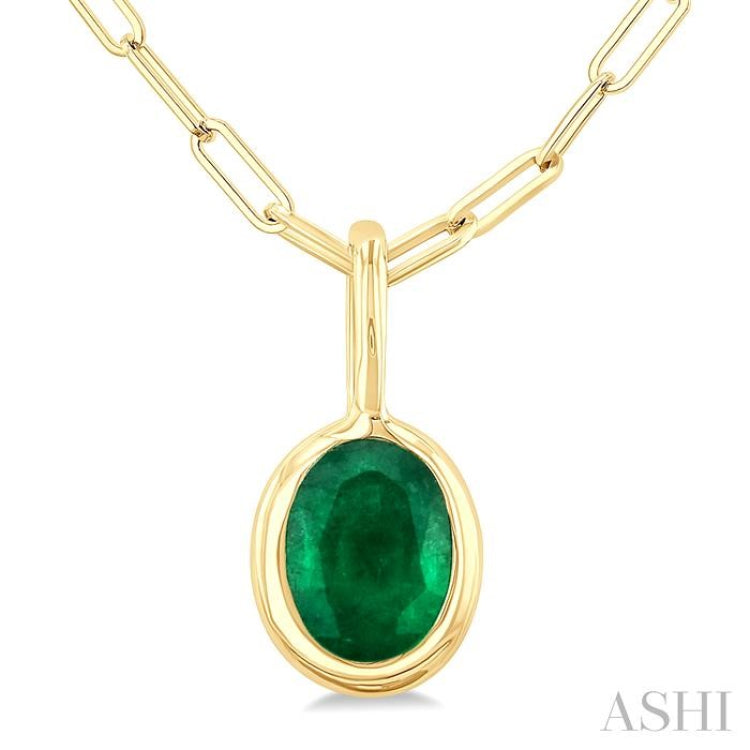 6x4 MM Bezel Set Oval Cut Emerald Precious Fashion Pendant With Paperclip Chain in 10K Yellow Gold