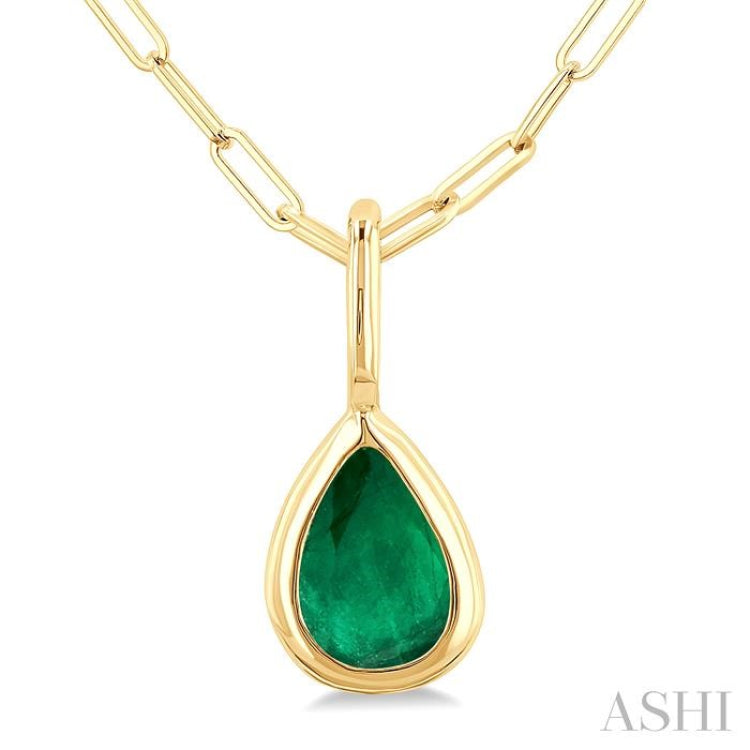 6x4 MM Bezel Set Pear Cut Emerald Precious Fashion Pendant With Paperclip Chain in 10K Yellow Gold