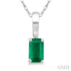 5X3 MM Octagon Shape Emerald Precious Solitaire Pendant With Chain in 14K White Gold