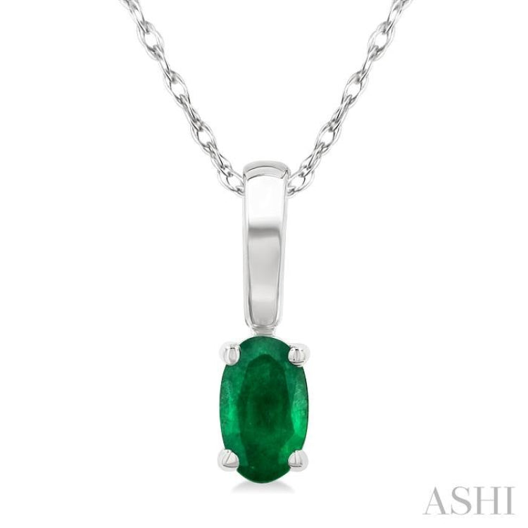 5X3 MM Oval Shape Emerald Precious Solitaire Pendant With Chain in 14K White Gold