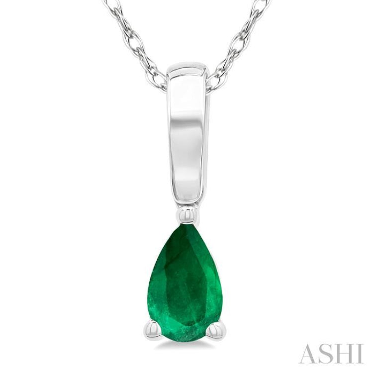 5X3 MM Pear Shape Emerald Precious Solitaire Pendant With Chain in 14K White Gold