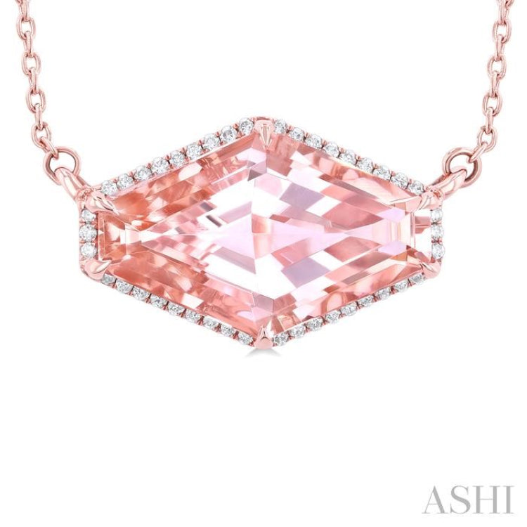 16x10 MM Hexagon Shape Morganite and 1/10 Ctw Round Cut Diamond Halo Semi-Precious Pendant With Chain in 14K Rose Gold