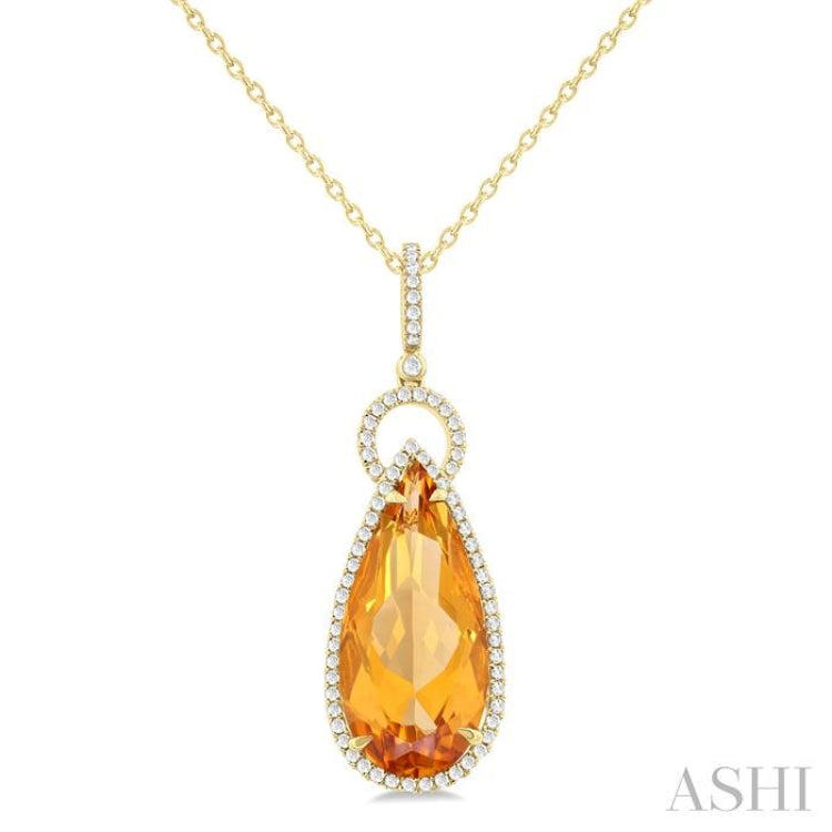 22X10 MM Pear Cut Citrine and 1/3 Ctw Round Cut Diamond Halo Semi-Precious Pendant With Chain in 14K Yellow Gold