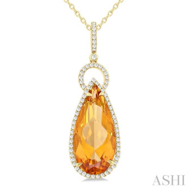 22X10 MM Pear Cut Citrine and 1/3 Ctw Round Cut Diamond Halo Semi-Precious Pendant With Chain in 14K Yellow Gold