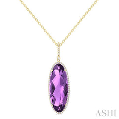 26x10 MM Oval Cut Amethyst and 1/3 Ctw Round Cut Diamond Semi-Precious Pendant With Chain in 14K Yellow Gold