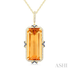 22x10 MM Emerald Cut Citrine and .80 MM Sapphire & 1/5 Ctw Round Cut Diamond Halo Precious & Semi-Precious Pendant With Chain in 14K Yellow Gold