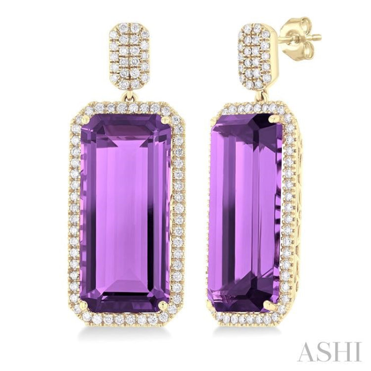 22x10 MM Emerald Cut Amethyst and 7/8 Ctw Round Cut Diamond Halo Semi-Precious Earrings in 14K Yellow Gold