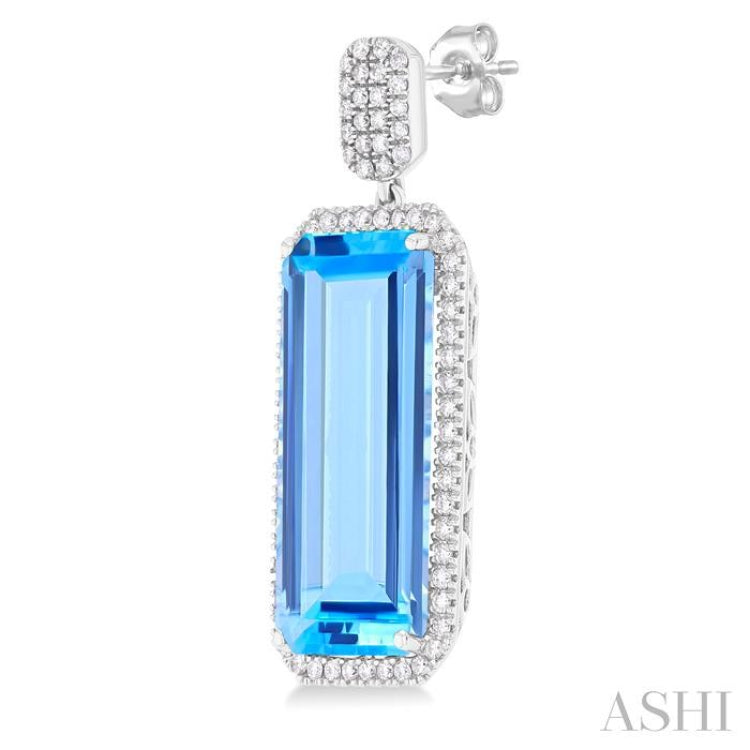 22x10 MM Emerald Cut Blue Topaz and 7/8 Ctw Round Cut Diamond Halo Semi-Precious Earrings in 14K White Gold