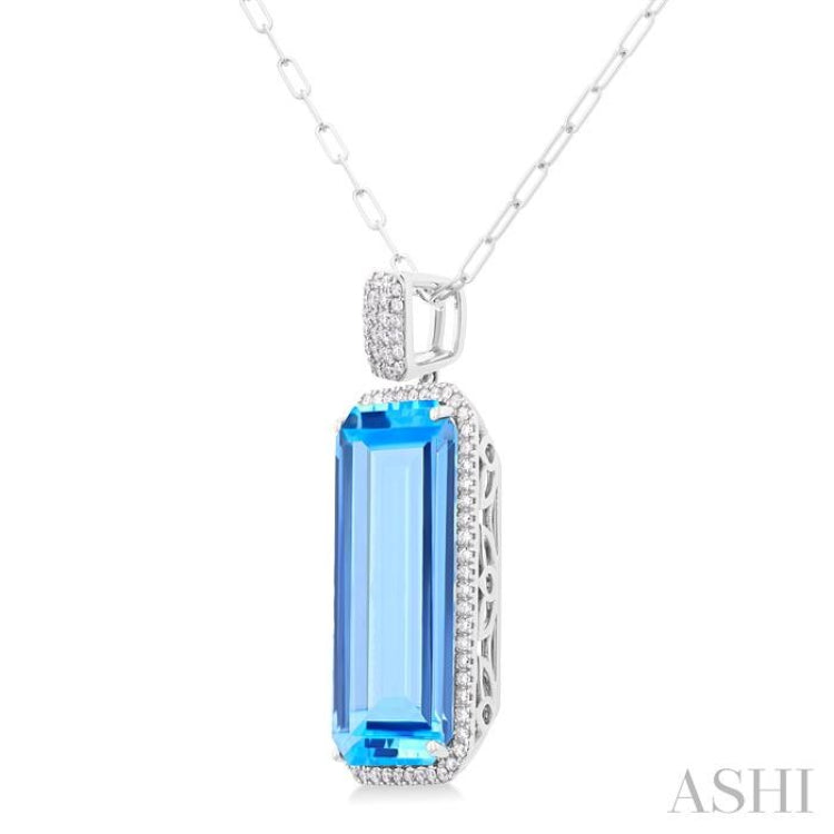 26X12 MM Emerald Cut Blue Topaz and 1/2 Ctw Round Cut Diamond Halo Semi-Precious Pendant With Chain in 14K White Gold