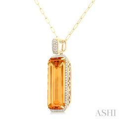 26X12 MM Emerald Cut Citrine and 1/2 Ctw Round Cut Diamond Halo Semi-Precious Pendant With Chain in 14K Yellow Gold