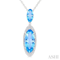 18x8 MM & 10x5 MM Oval Cut Blue Topaz and 1/3 Ctw Round Cut Diamond Halo Semi-Precious Pendant With Chain in 14K White Gold