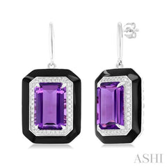 12x8 MM Emerald Cut Amethyst and 1/3 Ctw Round Cut Diamond Halo & Black Enamel Border Semi-Precious Earrings in 14K White Gold