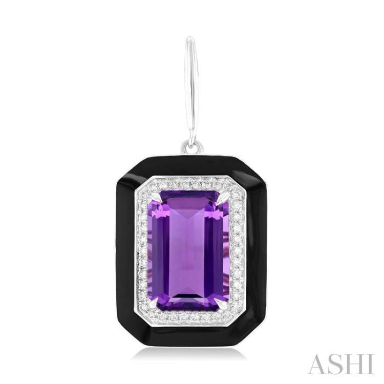 12x8 MM Emerald Cut Amethyst and 1/3 Ctw Round Cut Diamond Halo & Black Enamel Border Semi-Precious Earrings in 14K White Gold