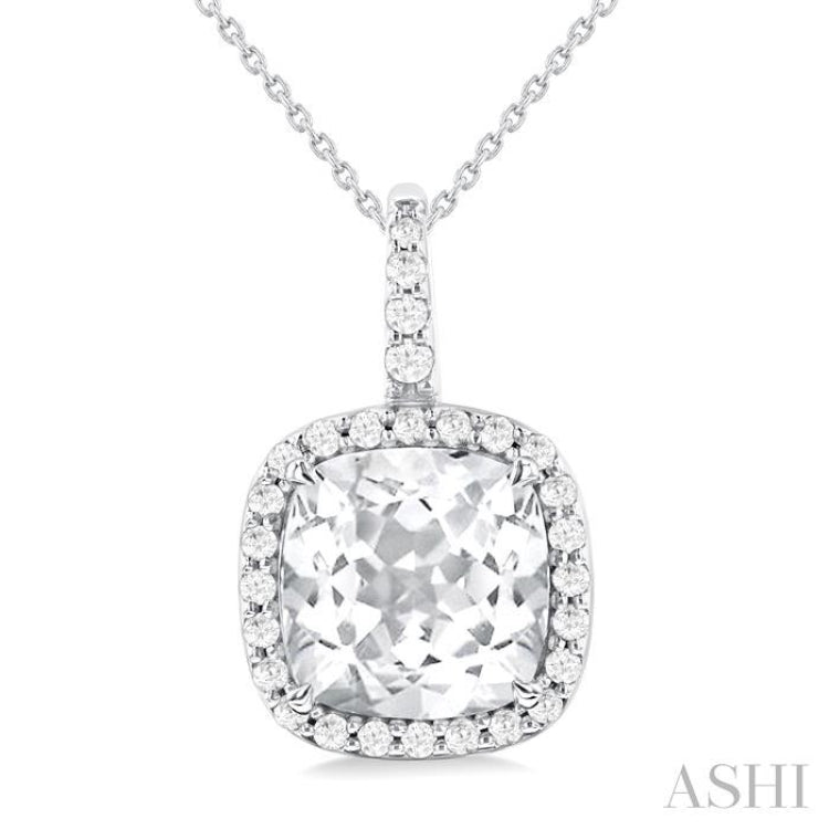 9X9 MM Cushion Cut White Topaz and 1/4 Ctw Round Cut Diamond Semi-precious Pendant in 14K White Gold with Chain