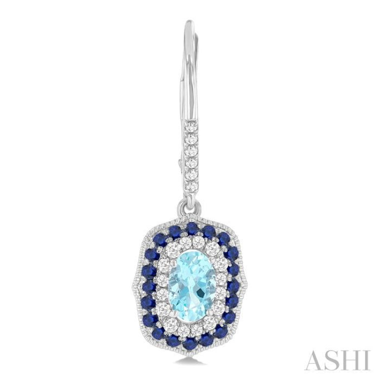 6x4 MM Oval Cut Aquamarine, 1.25 MM Sapphire and 1/3 Ctw Round Cut Diamond Halo Precious and Semi-Precious Fashion Earrings in 14K White Gold