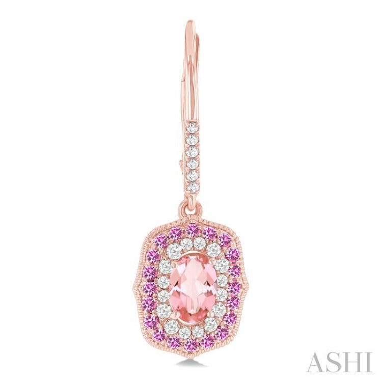 6x4 MM Oval Cut Morganite, 1.25 MM Pink Sapphire and 1/3 Ctw Round Cut Diamond Halo Precious and Semi-Precious Fashion Earrings in 14K Rose Gold