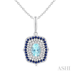 7x5 MM Oval Cut Aquamarine, 1.25MM Sapphire and 1/3 Ctw Round Cut Diamond Halo Precious and Semi-Precious Fashion Pendant With Chain in 14K White Gold
