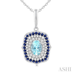 7x5 MM Oval Cut Aquamarine, 1.25MM Sapphire and 1/3 Ctw Round Cut Diamond Halo Precious and Semi-Precious Fashion Pendant With Chain in 14K White Gold