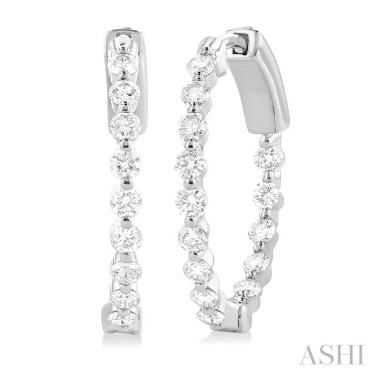 1 Ctw Inside-Out Single Prong Set Round Cut Diamond Hoop Earrings in 14K White Gold