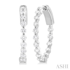 1 Ctw Inside-Out Single Prong Set Round Cut Diamond Hoop Earrings in 14K White Gold