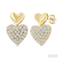 1/3 Ctw Heart Shape Mount Pave Set Single Cut Diamond Fashion Earrings in 10K Yellow Gold