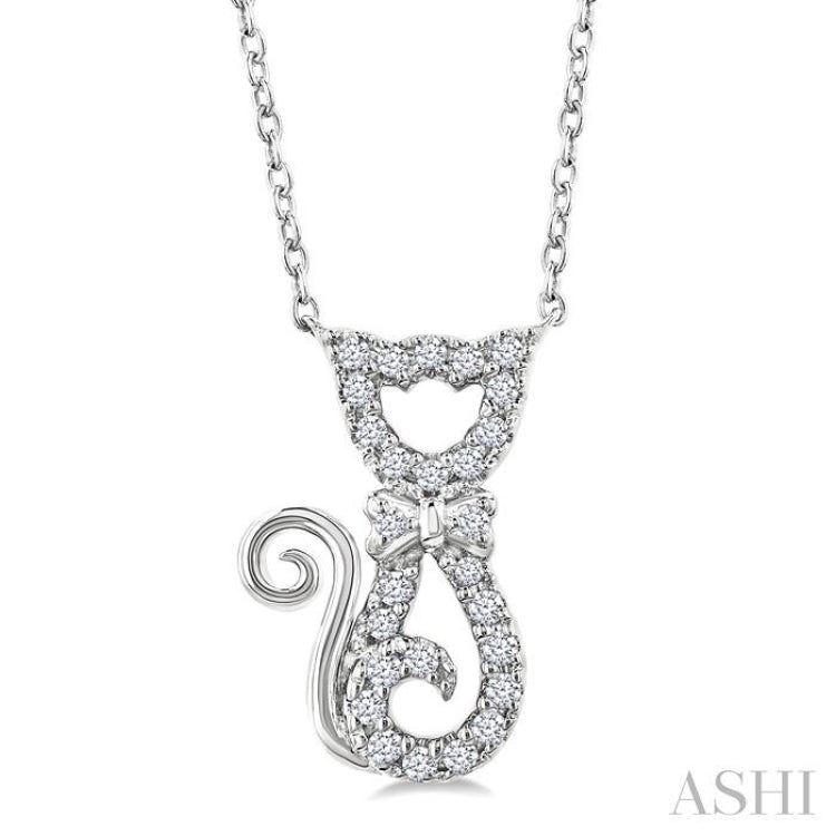 1/10 Ctw Cat Shape Petite Single Cut Diamond Fashion Pendant With Chain in 10K White Gold