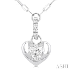 1/4 Ctw Dome Heart and Round Cut Diamond Fashion Pendant With Paper Clip Chain in 14K White Gold