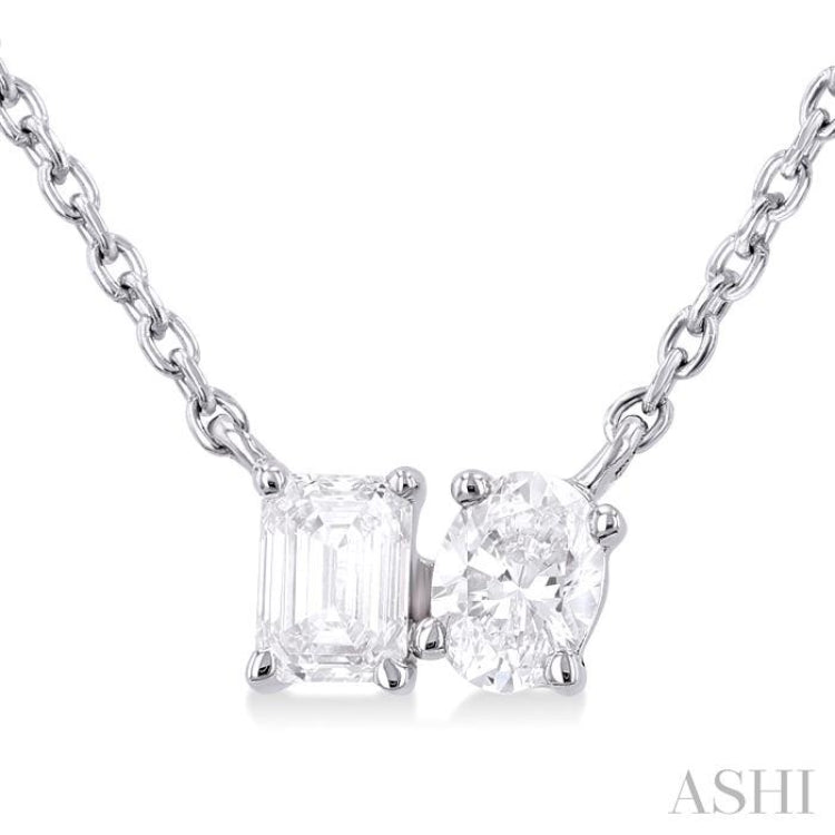 1/3 Ctw Toi Et Moi Octagon and Oval Cut Diamond Pendant With Chain in 14K White Gold