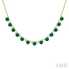 3.5 MM Round Shape Emerald and 1/2 Ctw Round Cut Diamond Precious Tennis Necklace in 14K Yellow Gold