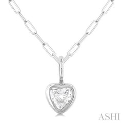 1/5 Ctw Heart Shape Bezel Set Diamond Fashion Pendant With Paperclip Chain in 10K White Gold