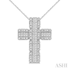 1 Ctw Fusion Baguette and Round Cut Diamond Cross Fashion Pendant With Chain in 14K White Gold