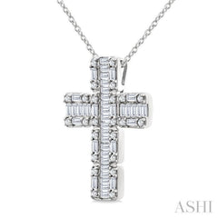 1 Ctw Fusion Baguette and Round Cut Diamond Cross Fashion Pendant With Chain in 14K White Gold