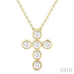 1/4 Ctw Round Cut Diamond 6-Stone Bezel Set Cross Pendant With Chain in 14K Yellow Gold