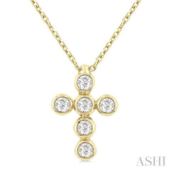 1/6 Ctw Round Cut Diamond 6-Stone Bezel Set Cross Pendant With Chain in 14K Yellow Gold