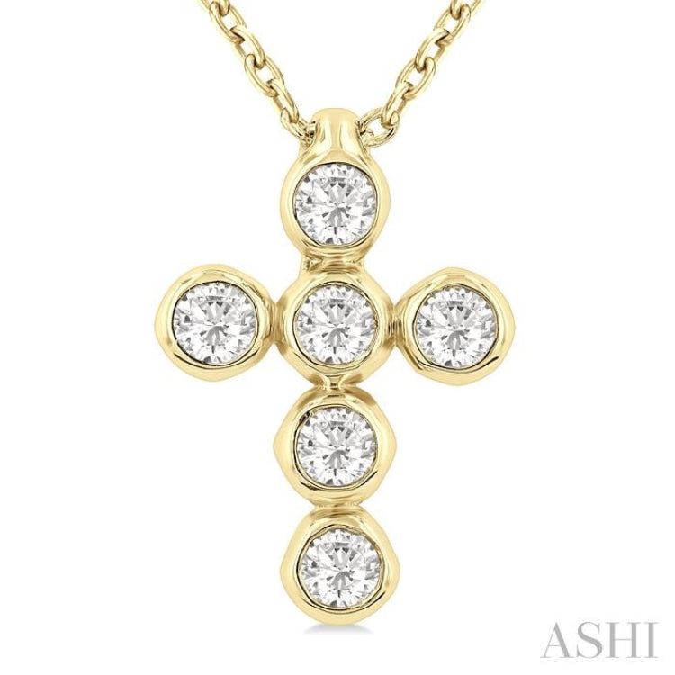 1/6 Ctw Round Cut Diamond 6-Stone Bezel Set Cross Pendant With Chain in 14K Yellow Gold