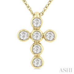 1/6 Ctw Round Cut Diamond 6-Stone Bezel Set Cross Pendant With Chain in 14K Yellow Gold