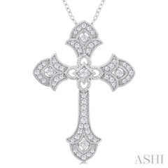 1/4 Ctw Cross Round Cut Diamond Fashion Pendant With Chain in 14K White Gold