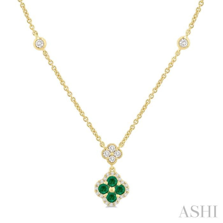 2.4 MM Round Shape Emerald and 1/4 Ctw Clover Round Cut Diamond Station Necklace in 14K Yellow Gold