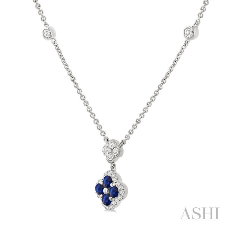 2.4 MM Round Shape Sapphire and 1/4 Ctw Clover Round Cut Diamond Station Necklace in 14K White Gold