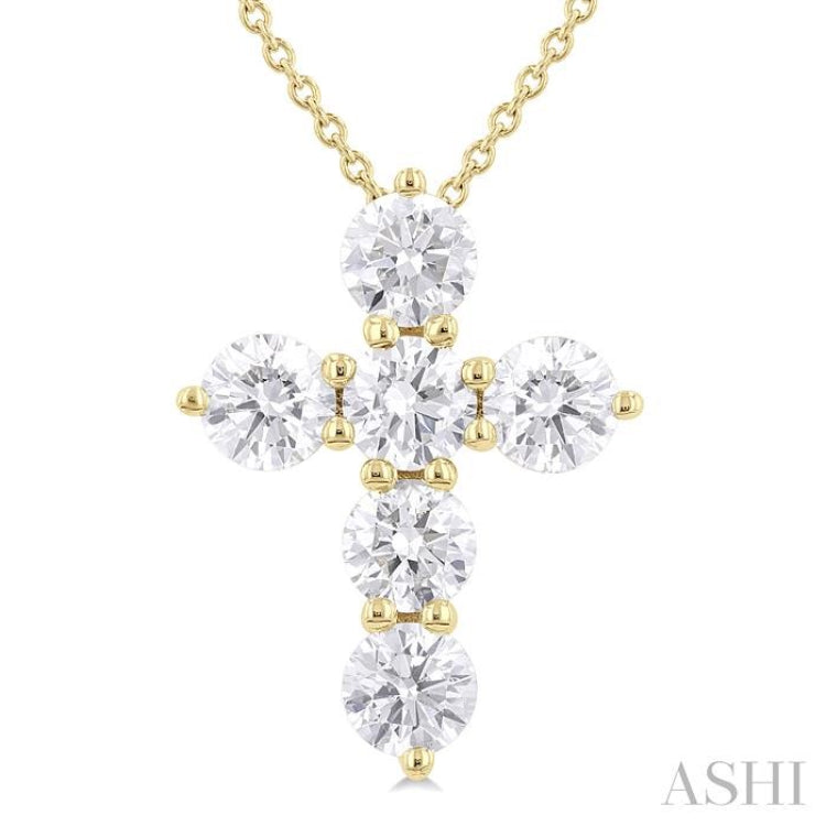 1 1/2 Ctw Round Cut Diamond Christian Cross 6-Stone Fashion Pendant With Chain in 14K Yellow Gold