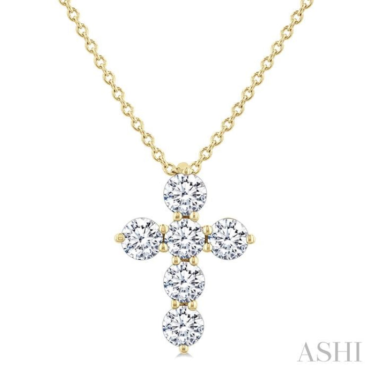 1/2 Ctw Round Cut Diamond Christian Cross 6-Stone Fashion Pendant With Chain in 14K Yellow Gold