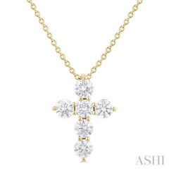 1/2 Ctw Round Cut Diamond Christian Cross 6-Stone Fashion Pendant With Chain in 14K Yellow Gold