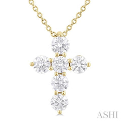 1/2 Ctw Round Cut Diamond Christian Cross 6-Stone Fashion Pendant With Chain in 14K Yellow Gold