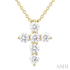 1/3 Ctw Round Cut Diamond Christian Cross 6-Stone Fashion Pendant With Chain in 14K Yellow Gold