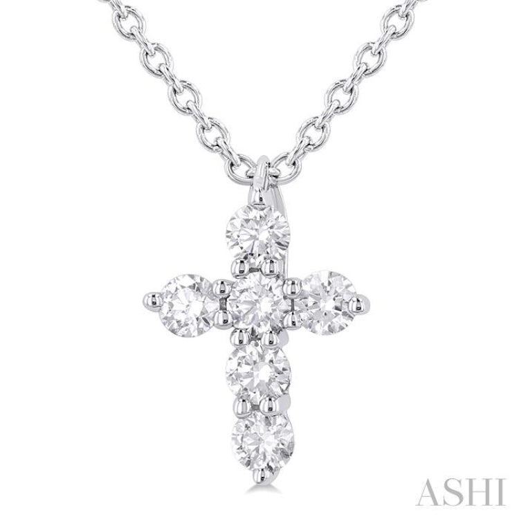 1/6 Ctw Round Cut Diamond Christian Cross 6-Stone Fashion Pendant With Chain in 14K White Gold
