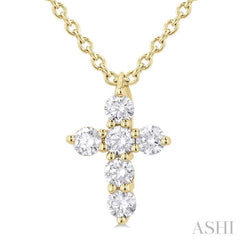1/6 Ctw Round Cut Diamond Christian Cross 6-Stone Fashion Pendant With Chain in 14K Yellow Gold