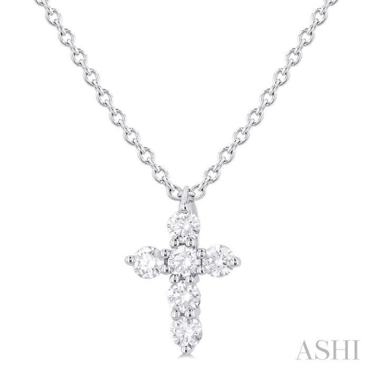 1/6 Ctw Round Cut Diamond Christian Cross 6-Stone Fashion Pendant With Chain in 14K White Gold