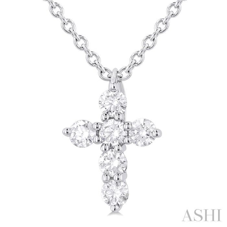 1/6 Ctw Round Cut Diamond Christian Cross 6-Stone Fashion Pendant With Chain in 14K White Gold